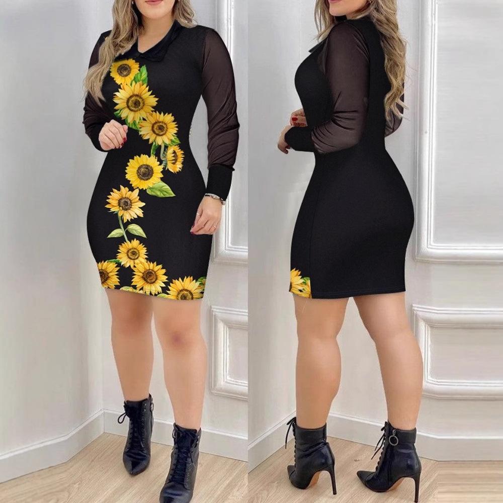 Autumn Fashion Mesh Long Sleeve V-Neck Slim Fit Printed Dress Women