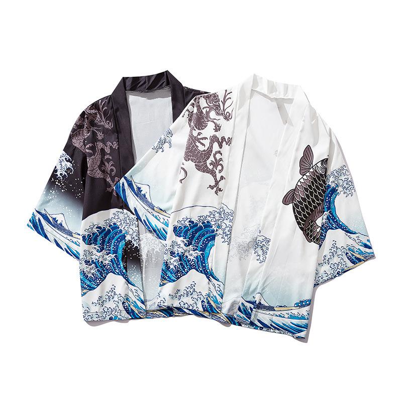 Men and Women's Japanese Kimono Wave Carp 3D Print Pattern Coat Green Traditional Haori Cardigan Japan Black Beach Clothing
