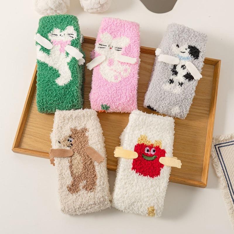 Autumn and Winter Coral Fleece Socks, Women's Cartoon Socks, Half-fleece Thickened Home Floor Socks, Sleeping Socks, Mid-calf Women's Socks