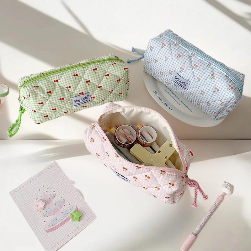 Stylish Cherry Plaid Pencil Case with High Capacity; Trendy Stationery Holder for Students; Women's Cosmetic Bag and Clutch