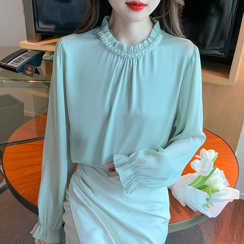 New 2025 Spring Blouses Shirts Long Sleeve Beading O-Neck Chiffon Blouse Shirt Women Tops J772