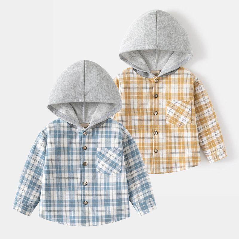 K-style Children's Clothing Spring and Autumn Boys' Long-Sleeved Shirt Kids Gingham Hooded Shirt Baby Boy Casual Long Sleeve Tops