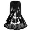 Women's Casual Halloween Dress V Neck Long Sleeve Retro Style Vintage Ghost Print Midi Dress with Waist Tie for Daily Wear