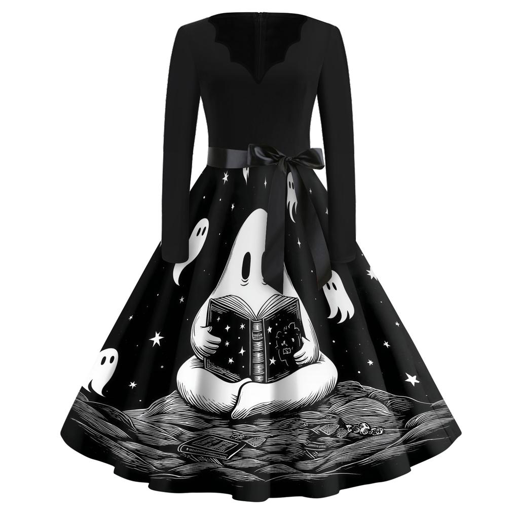 Women's Casual Halloween Dress V Neck Long Sleeve Retro Style Vintage Ghost Print Midi Dress with Waist Tie for Daily Wear