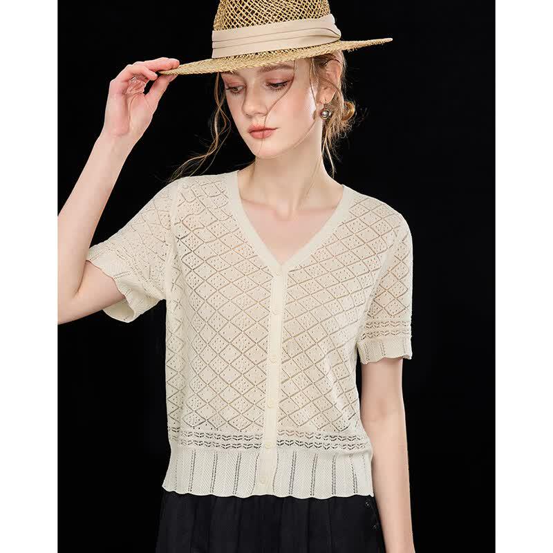 Wudao Women's V-Neck Linen Blend Knit Short Sleeve Top