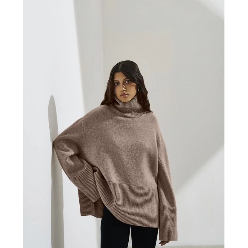 

Fashion New Arrival Pure Color High Collar Loose Knitting Split Sweater Loose Knit High Neck Sweater Deep Khaki L