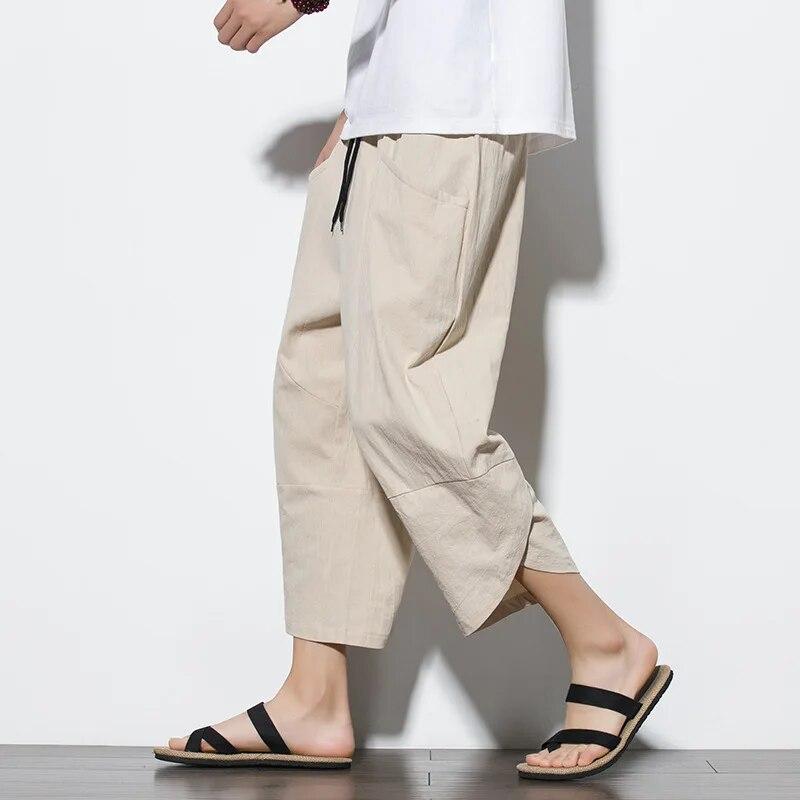 Linen Pants for Men Baggy Large Pocket Cropped Oversize Trousers Loose Harem Casual Pants Male