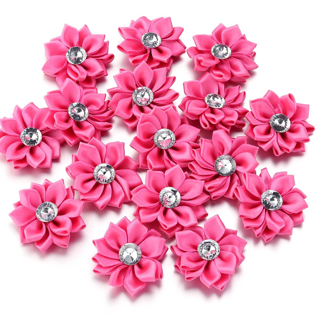 20pcs 4cm Mini Satin Ribbon Flowers Colorful Rhinestone Handmade Flowers For DIY Clothing Sewing Headwear Decoration Accessories