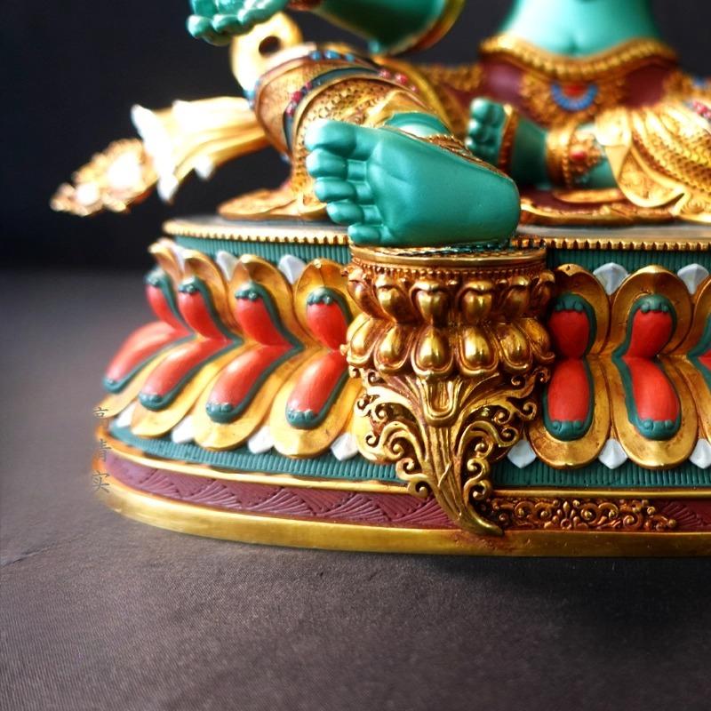 Nepal Tibet Craft Handmade Pure Copper Green Tara Statue Tibetan Buddhist Tantric Painted