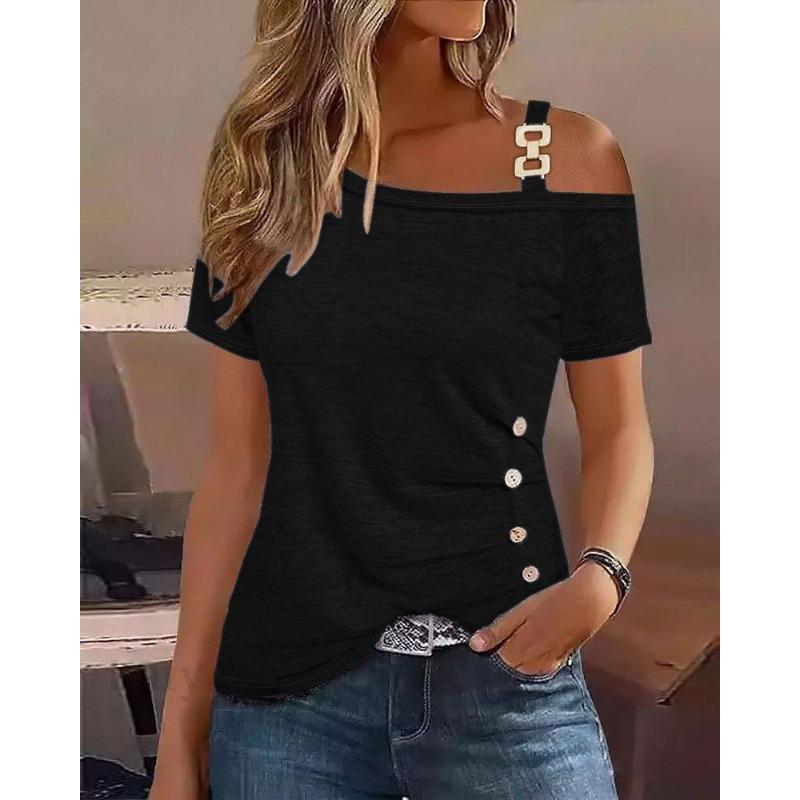 

Женский летний простой топ с коротким рукавом и металлическими пуговицами S чёрный