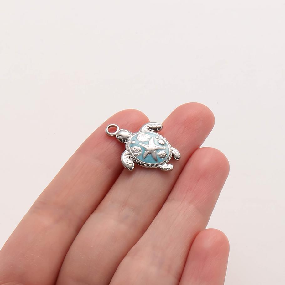 2Pcs Silver Color Marine Life Pendant Whiteblue Enamel Charm Turtle Starfish Fish Diy Stainless Steel Charms For Jewelry Making