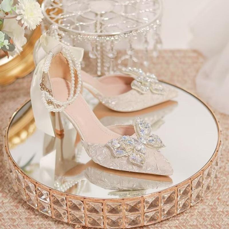 Fashion Autumn New Coarse Heel Single Shoes Women's Pointed Head Shallow Mouth Butterfly Knot Bead Non-slip Low Top Shoes