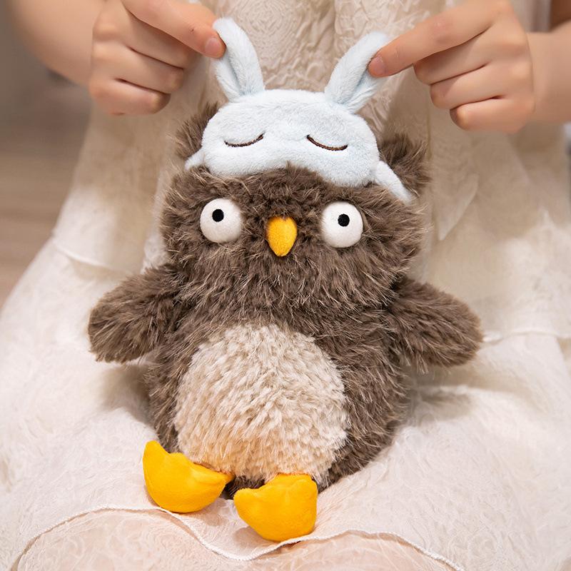 Owl Eye Mask Plush Toy Fluffy Penguin Stuffed Animal Cute Comfort Doll Gift for Kids Birthday