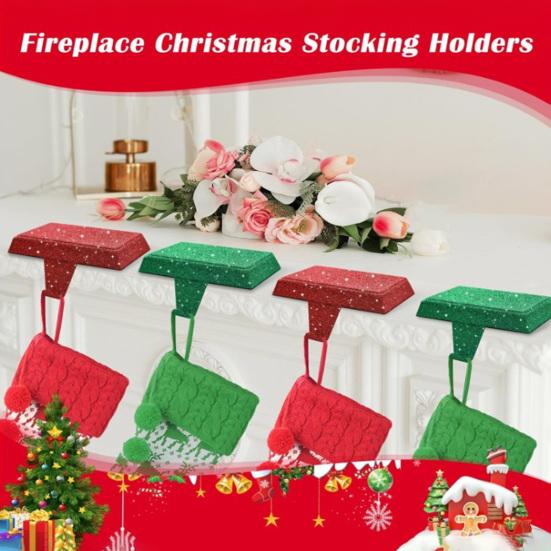 Glitter Christmas Stocking Holder Xmas Stocking Hanging Hook Heavy Duty Metal Stocking Hanger for Mantle Shelf Fireplace Stair Holiday Party Decor