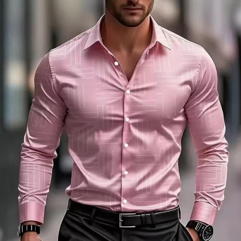 Men Geometric Line Print Long Sleeve Slim Fit Button Down Shirt