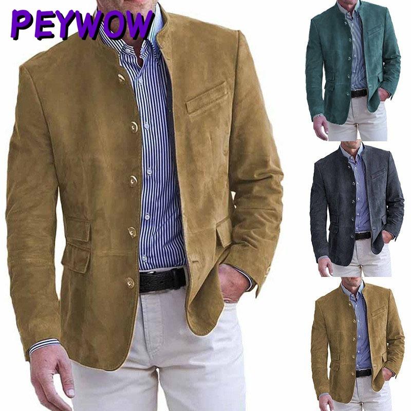 PEYWOW Men's Vintage Casual Solid Color Print Autumn Winter Long Sleeve Jackets & Coats