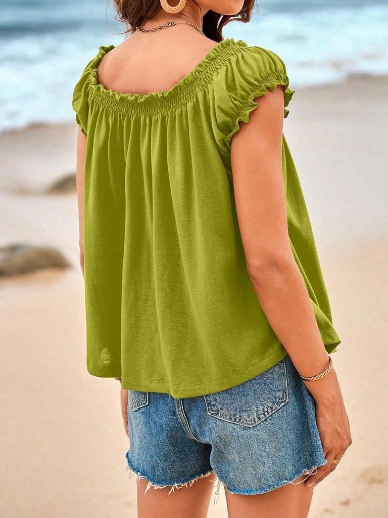 Womens Summer Tie Front Babydoll Top Cap Sleeve Pleated Flowy Blouse