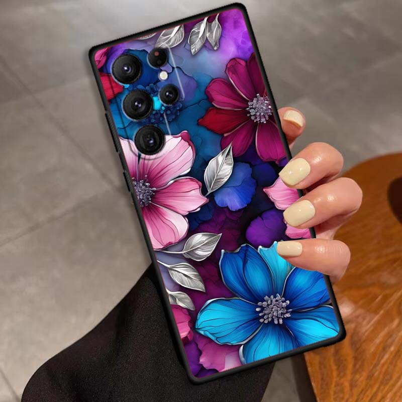 Butterfly flower pattern Phone Case For Samsung Galaxy S26 S25 S24 S23 S22 S21 S20 Ultra Plus FE 5G Black Soft TPU