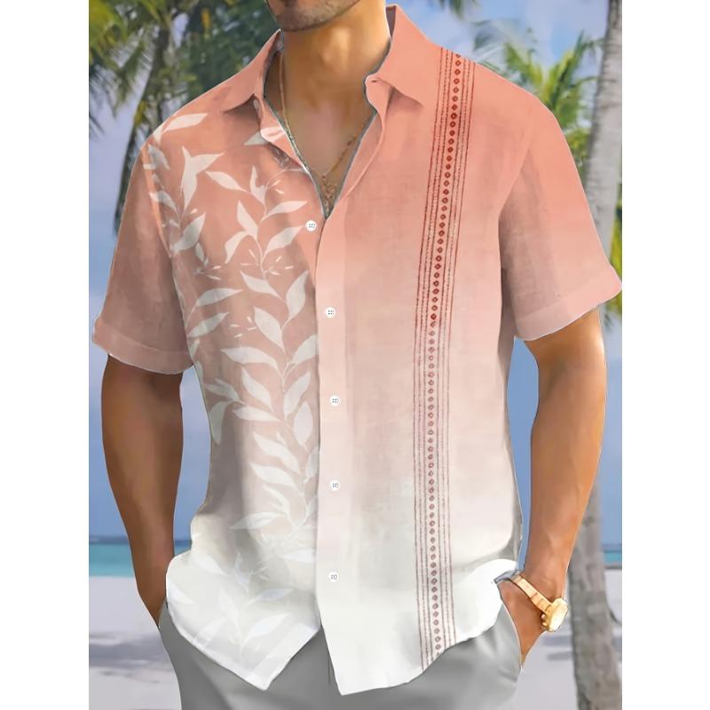 Men s Short-Sleeve Button-Up Shirt with a Gradient Color Print of Hawaiian Foliage XS