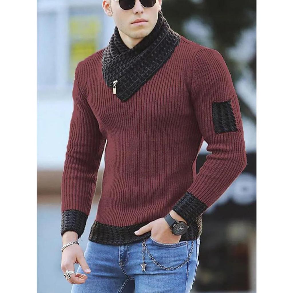 Men's Long Sleeve Pullover Knit Sweater Patchwork Scarf Neck Gentleman Slim Sweater