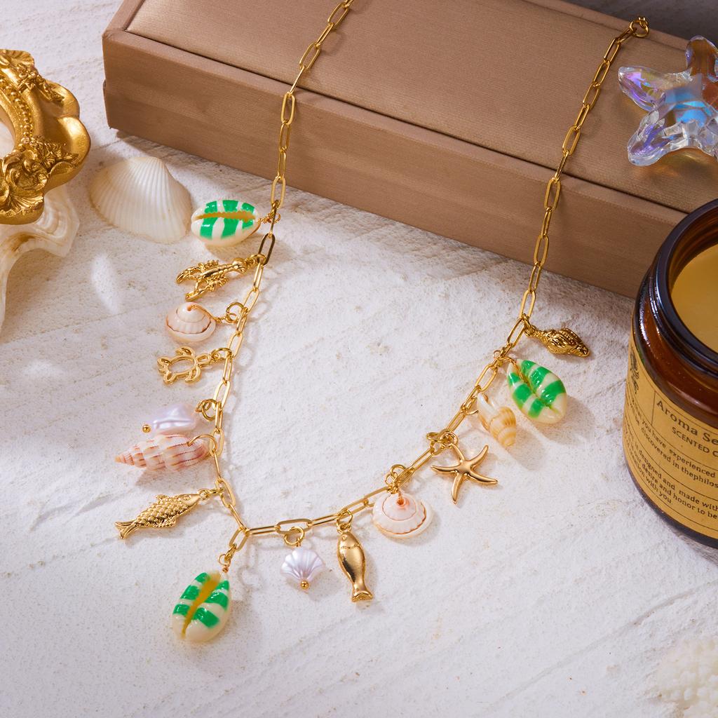 Boho Buntes Muschel Halskette Für Frauen Gold Farbe Seestern Muschel Jakobsmuschel Perlen Anhänger Choker Sommer Strand Urlaub Resort Schmuck