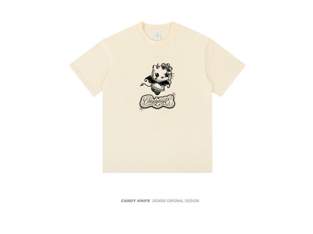 American Retro Short Sleeve Kitten Cartoon Women's Loose Top