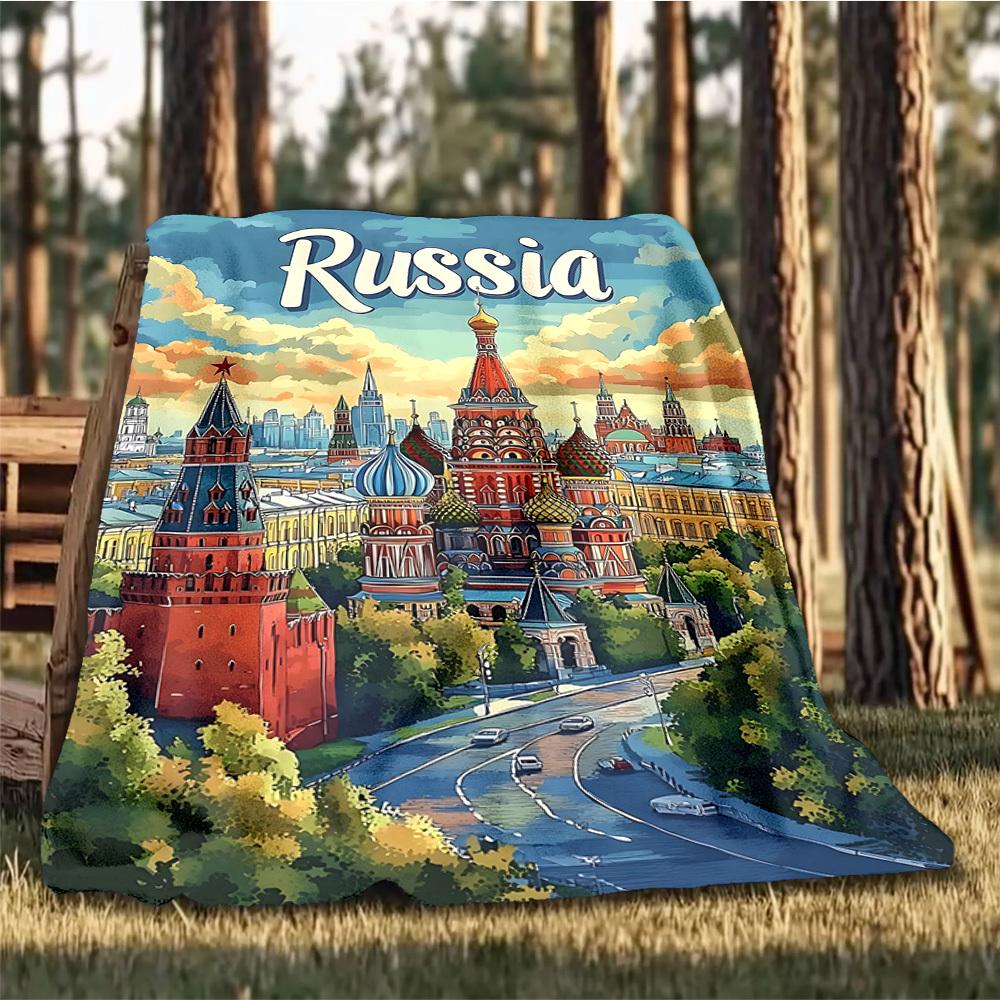 1pc Russia , Moscow Outdoor Flannel Blanket Soft All Season Polyester Throw , Perfect for Picnics & Travel , Picnic Accessory