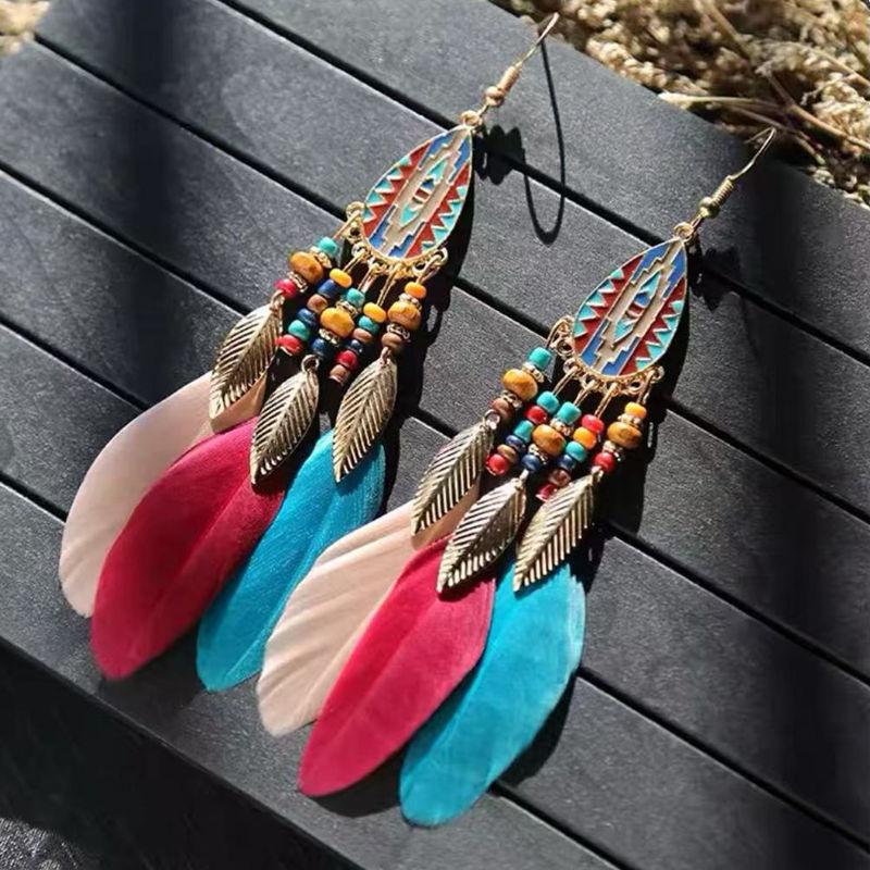 Vintage Lange Feder-Hängeohrringe für Damen Böhmischer Schmuck