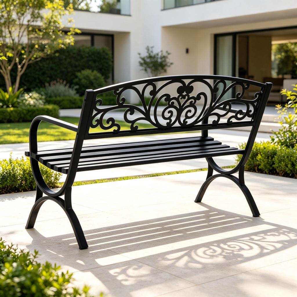 Stylish outdoor bench, garden bench with ornamental backrest design, elegant bench (only with bench)