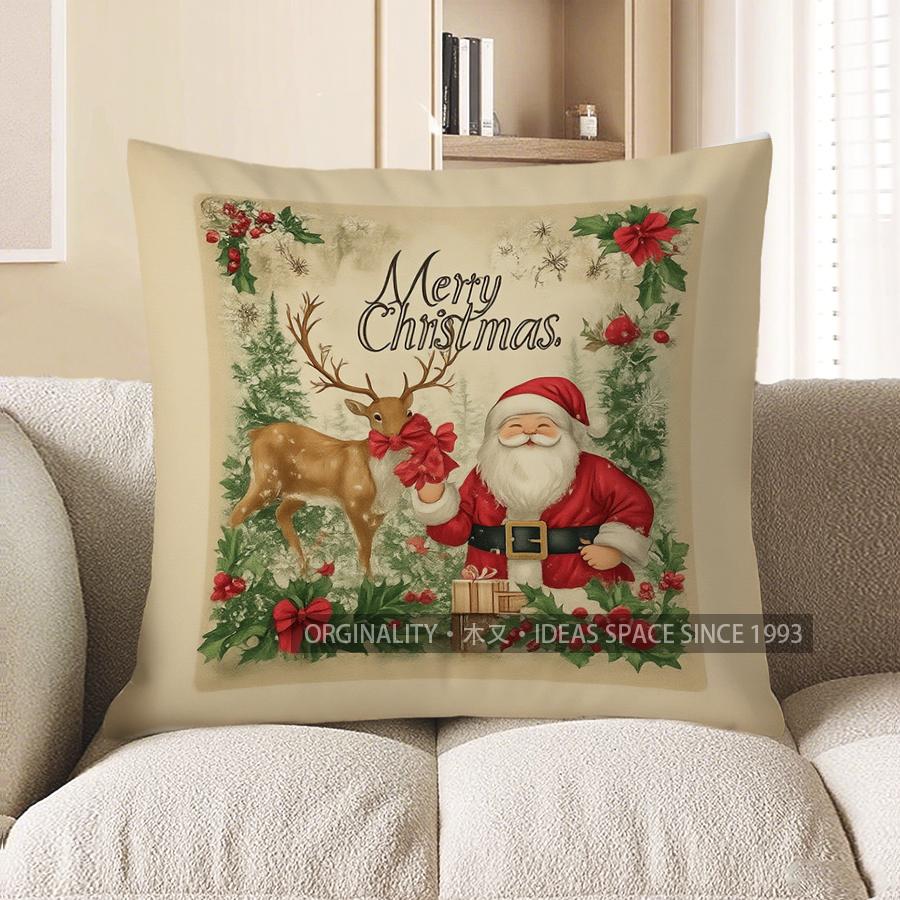 Home Decor Merry Christmas Santa &amp; Deer Decorative Pillow Pattern Cushion Cover Suitable For Sofa Bedroom Car Pillow Cover