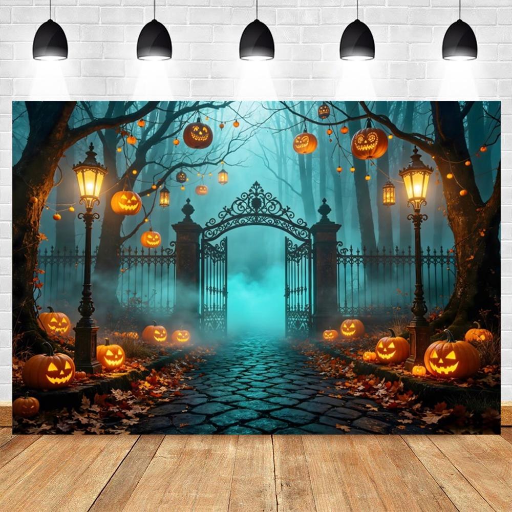 Halloween Full Moon Suburbs Cemetery Backdrop Scary Skull Castle Pumpkin Lantern Family Festival Party Decor Photo Background