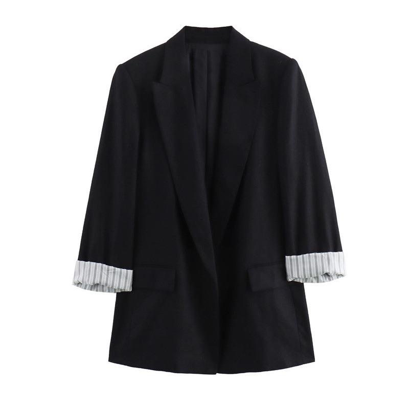Faux Linen Roll-Up Sleeve Color Block Suit Jacket Autumn Women Fashionable Office Loose Blazer Coat Female Chic Outerwear