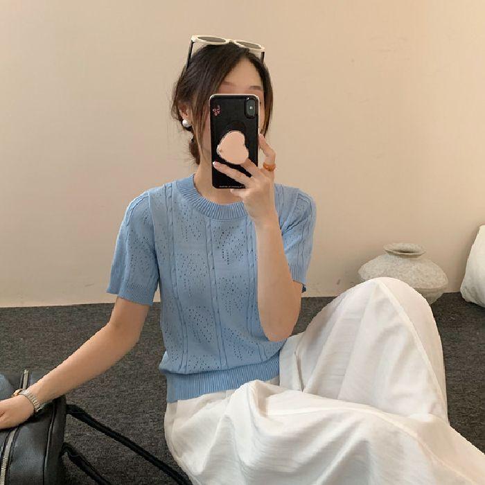 Round-neck Short-sleeved Hollowed-out Knitted Top for Women In The New Summer Style