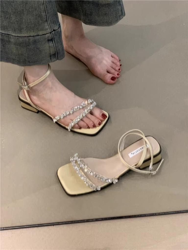 Soft fairy sandals female 2025 summer French temperament socialite rhinestone open toe thick heel Roman sandals