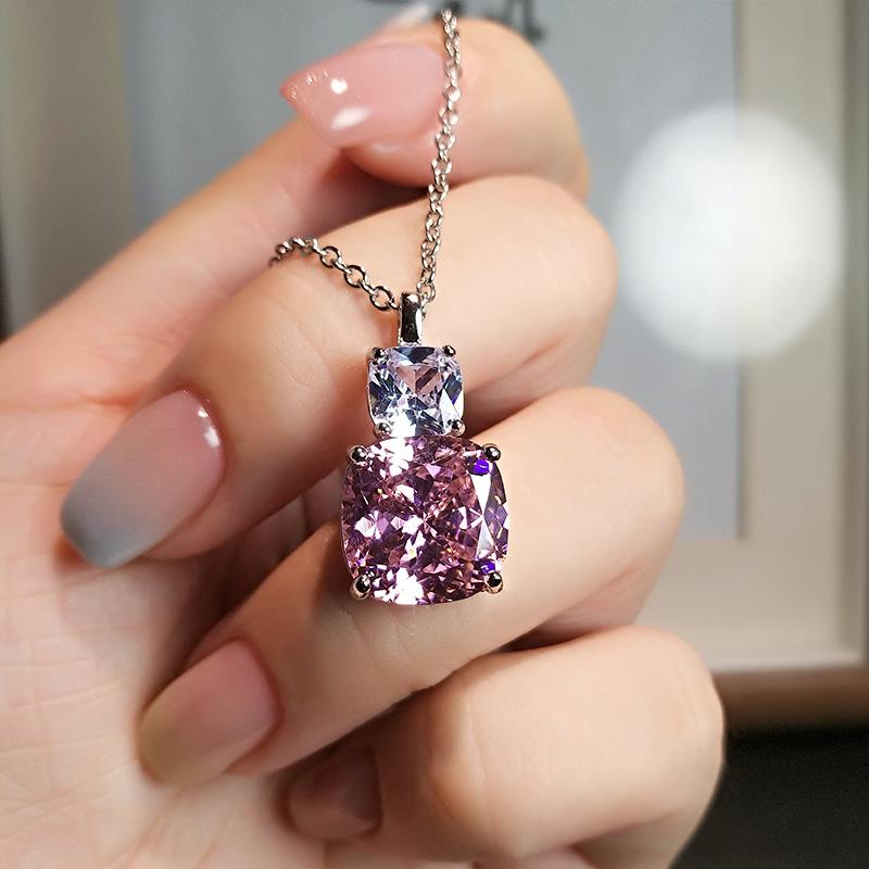 Ice Flower Cut Purple Stone Square Pendant, High-Grade Pink Diamond Quadrilateral High Carbon Diamond Super Flash Necklace, Female