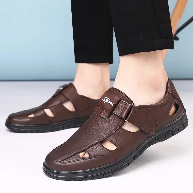 Fashion Summer Genuine Leather Mens Sandals Breathable Hollow Out Classic Mens Flat Sandals Solid Rubber Leather Male Casual Sandals785