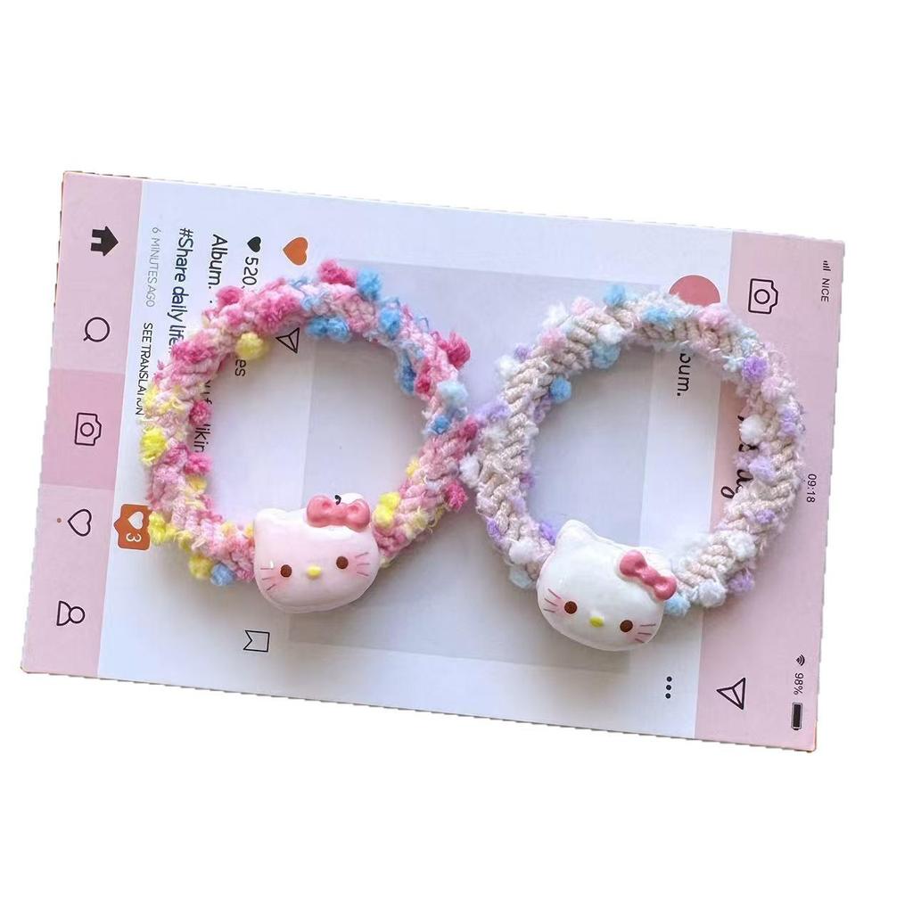 Cartoon KT Beaded Hair Tie: Colorful, High-Elastic Woven Band for Girls & Students