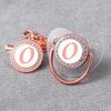 Transparent Rose Gold Letter Baby Pacifier with Diamond Design and Chain Clip