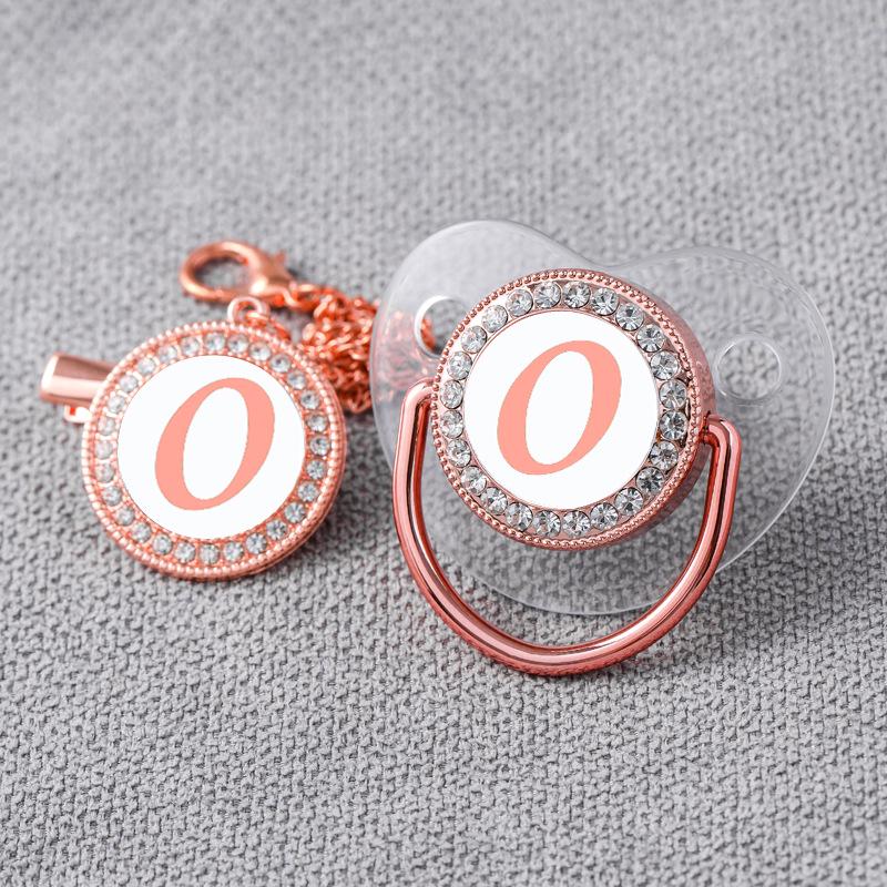 Transparent Rose Gold Letter Baby Pacifier with Diamond Design and Chain Clip