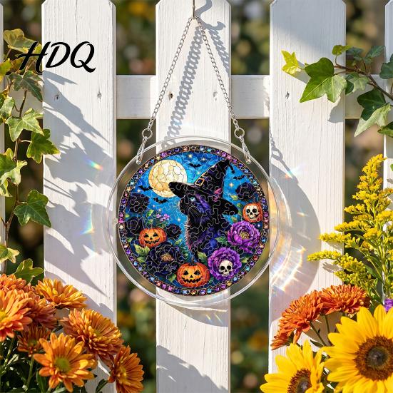 Colorful Light Catcher Acrylic Jigsaw Puzzle Suncatcher, Stained Glass Style Halloween Skeleton Ghost Suncatcher Sun for Gothic Window Wall