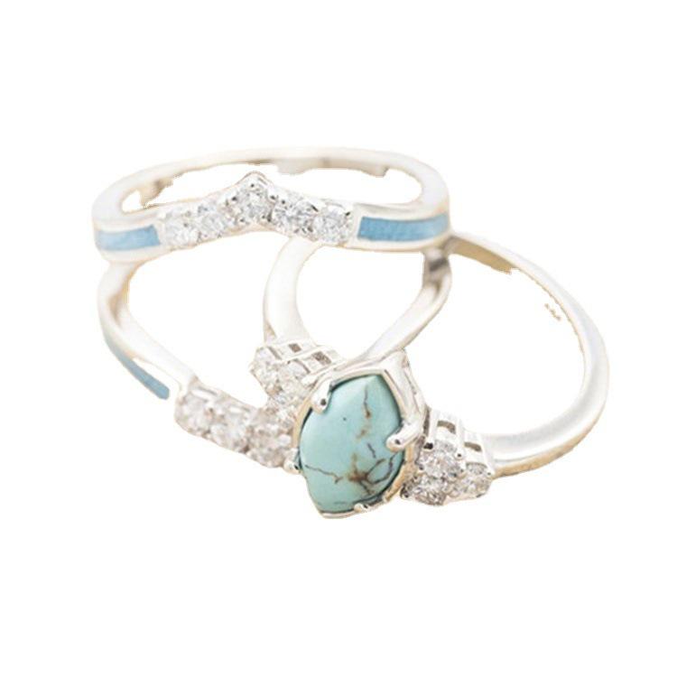 Retro Three-Piece Diamond and Turquoise Stackable Ring Set for Women