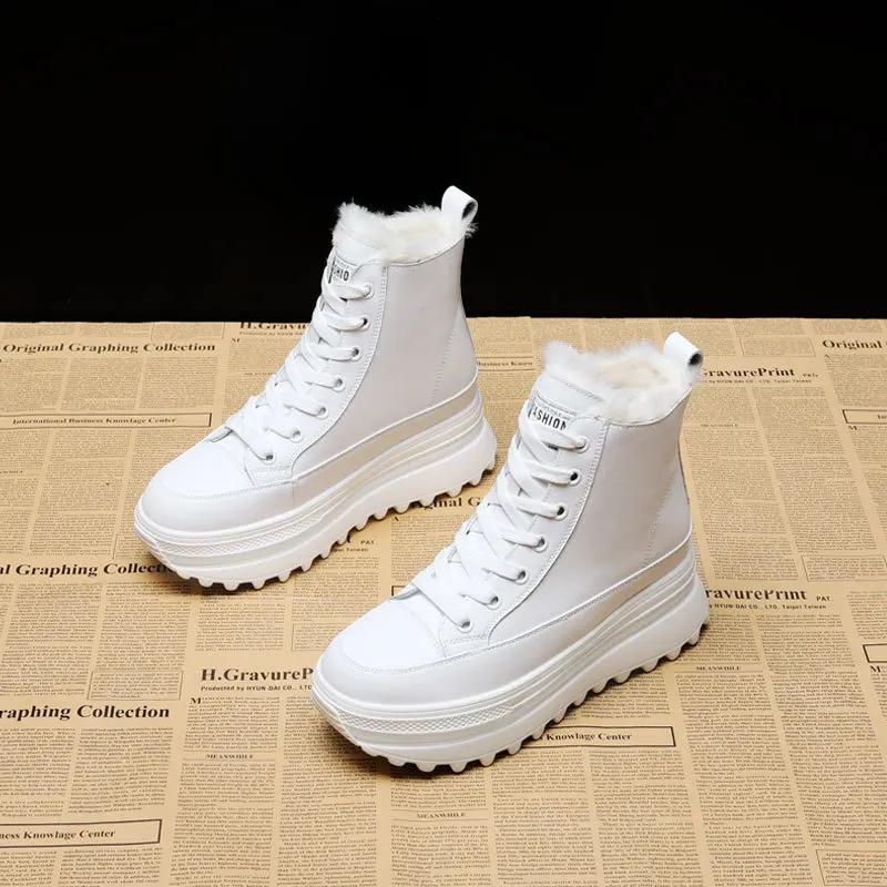 Fashion 7CM Genuine Leather Ankle Boots Casual Chunky Sneakers Winter Plush Boots Spring Autumn Platform Wedge Hidden Heel Women Shoes