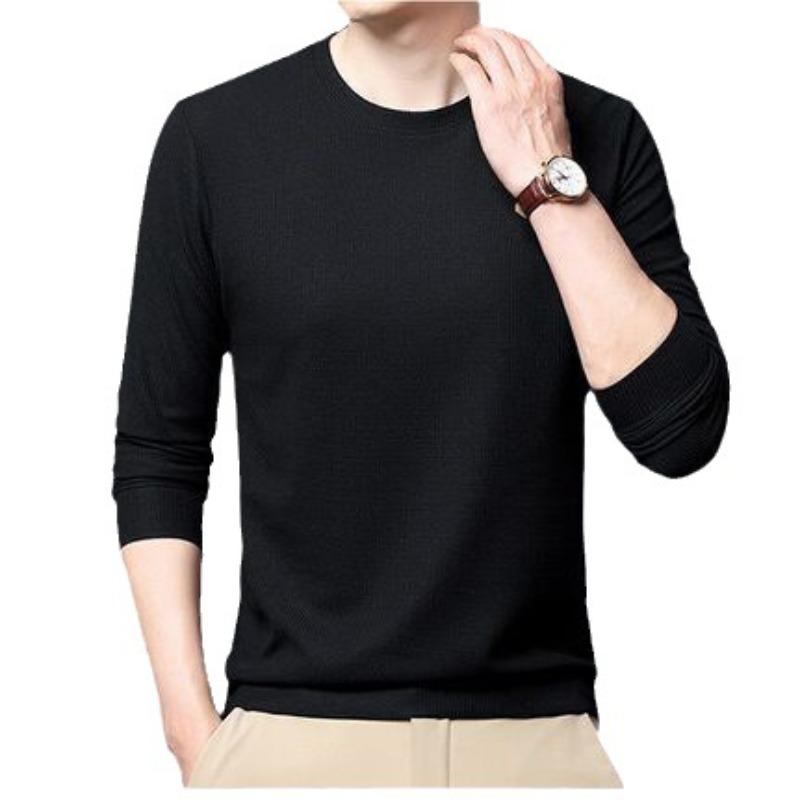 Tricou nou de toamnă cu mâneci lungi Cămașă tatăl de vârstă mijlocie pentru bărbați de culoare uni Pulover versatil pentru bărbați cu gât rotund