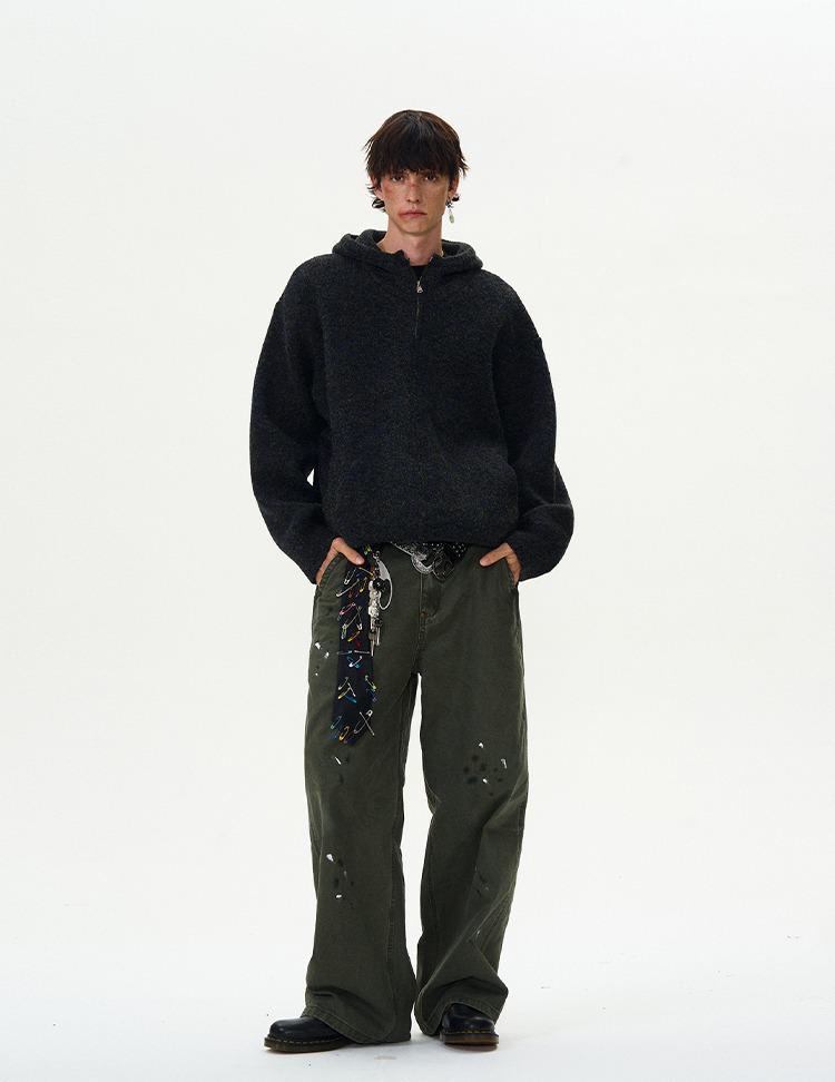 Unisex americký retro šedý kardigan s kapucí - Volný, ležérní pletený svetr na podzim/zimu