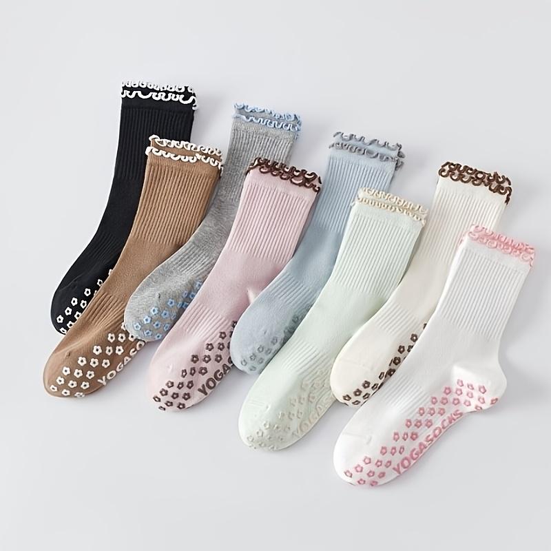 2 Paar gerüschte rutschfeste Yogastrümpfe, Vollhandflächen-Silikon-Mittelschaft-Pilates-Socken, Rutschfeste Fitness-Sportsocken, In mehreren Farben erhältlich