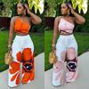 Damen Blumendruck Ein Schulterfreies Crop Top Weitbeinige Hose 2-teiliges Outfit Sommer Trainingsanzug S-3XL