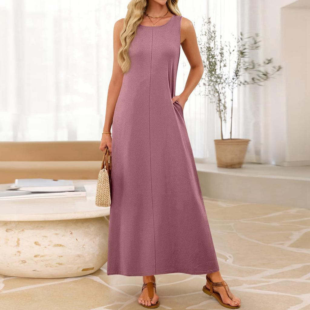 Damen Ärmelloses Lässiges Lockeres Langes Maxikleid Rundhalsausschnitt Basic Stil Strandurlaub Sommerkleid mit Dehnbarem Stoff
