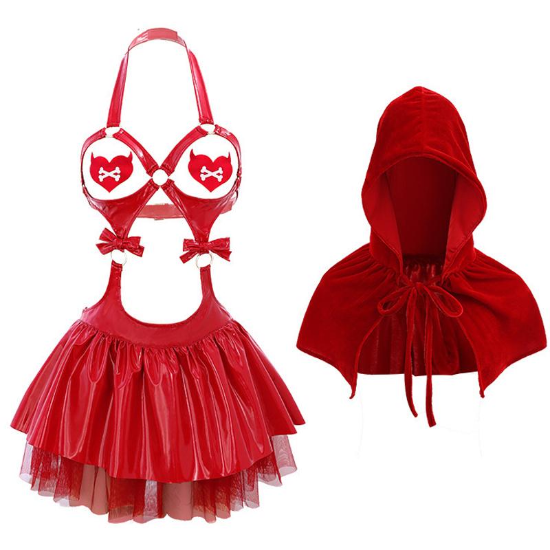 Erotic Women Bandage Dress Temperament Uniform Little Red Riding Hood Hooded Shawl Halloween Pajamas Lingerie Outfits Costumes