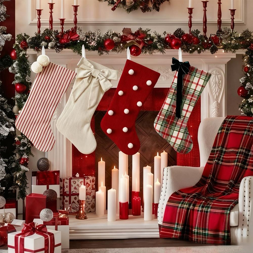 1pc Bow Christmas Socks Candy Gift Bag Festival Atmosphere Scene Decoration Pendant Christmas Home Decor