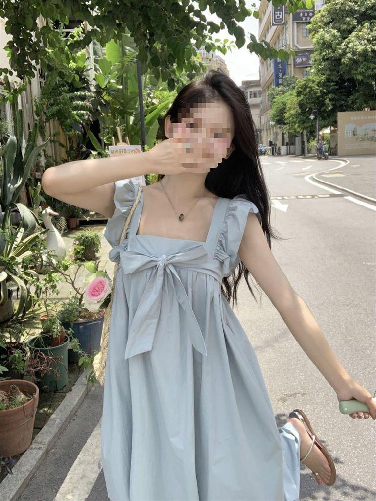 Elegant Summer Puff Sleeve Bow-Tie Backless Dress